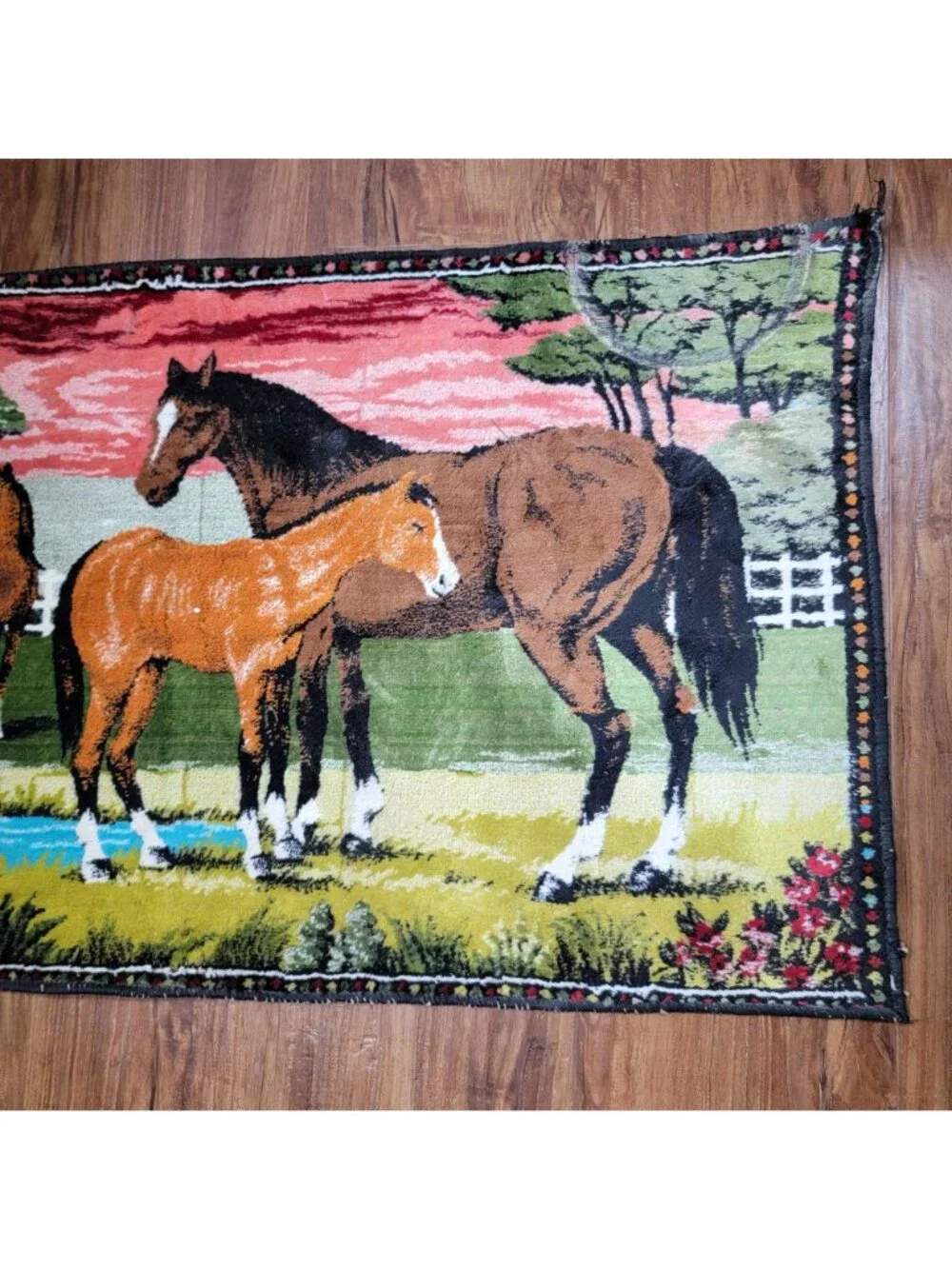 Vintage Horses Velvet Tapestry Wall Art With Grazing Scene